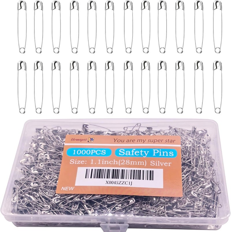 Urmspst Safety Pins, 1000PCS-1.1Inch Small Safety Pins, Rust-Resistant Nickel Plated Steel, Sharp Edge Safety Pin for Clothes, Sewing, Arts & Craft, 28mm Decorative Safety Pins (Silver), UR-28 - Image 1